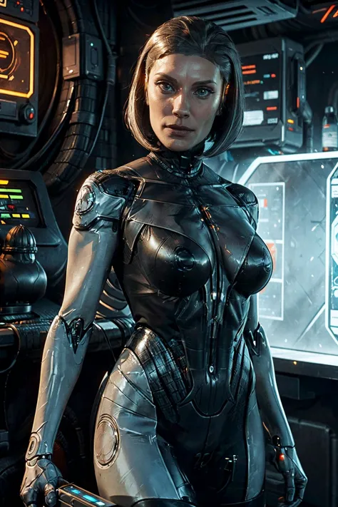 arafed woman in a futuristic suit standing in a room