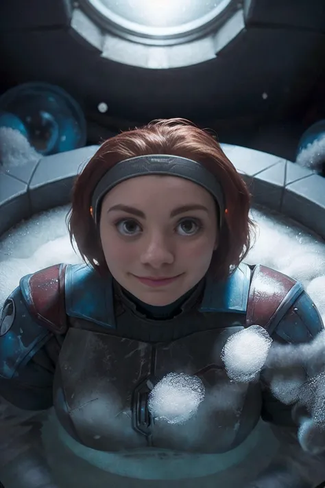 a woman in a space suit is sitting in a bathtub