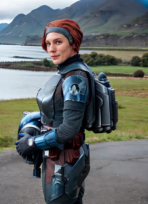 arafed woman in a futuristic suit with a backpack and a camera