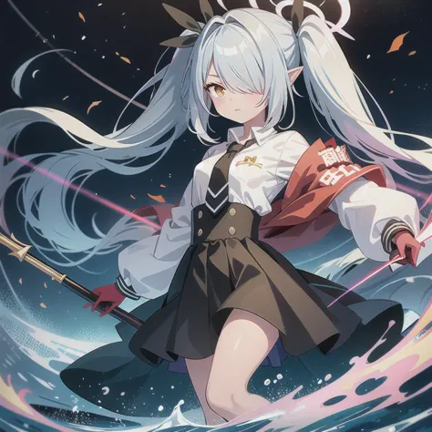 anime girl with long white hair and a sword in the air