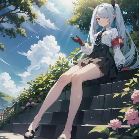 anime girl sitting on steps with flowers and trees in the background