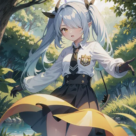 anime girl with long white hair and horns in a forest