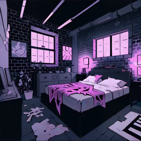 <lora:psychnoir:1.0>, psychedelic_noir, Chic City Loft Bedroom with Platform Bed and Exposed Brick Wall || masterpiece, perfect ...