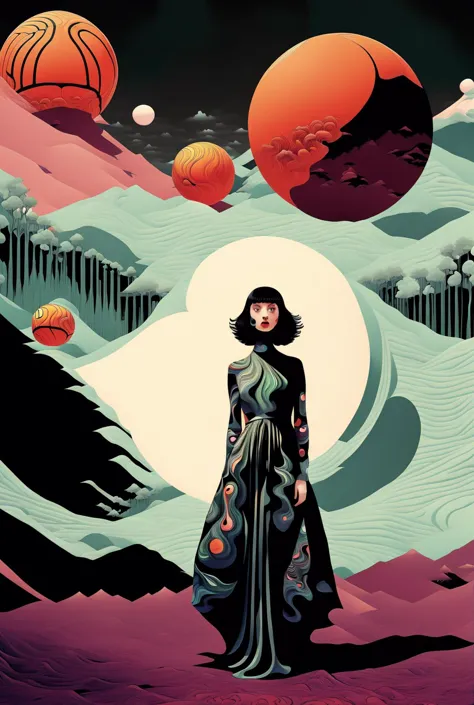 a girl in a long dress standing in front of a mountain with a basketball ball , psychedelic_noir<lora:psychedelic_noir-10:1><lora:psychedelic_noir-10:1>