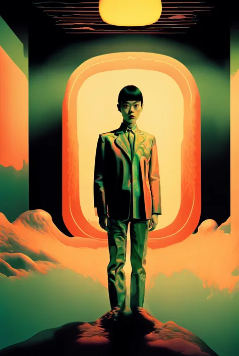 psychedelic_noir , a person standing in a room with neon lights , japanese minimalism