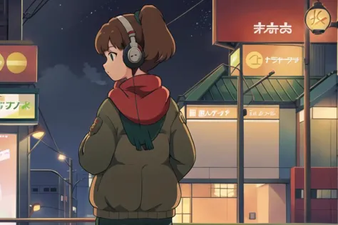 <lora:LofiGirlv2:.8>, 1girl, solo,from behind,looking up, brown_hair,ponytail,headphones,green coat,blue pants,red scarf, outdoors,akihabara \(tokyo\)