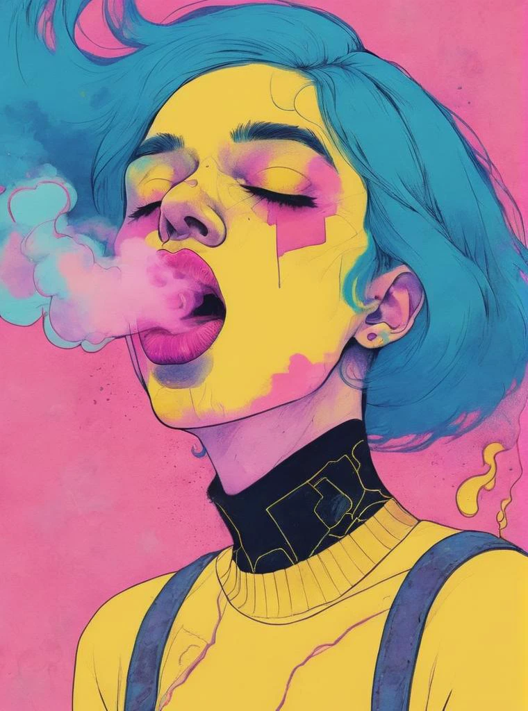 一個藍色頭髮、嘴巴冒出粉紅色煙霧的女人，背景是黃色，嘴巴冒出粉紅色煙霧, 康拉德·羅塞特, 合成波風格, 賽博朋克藝術, 空間藝術, 流行超現實主義 , 