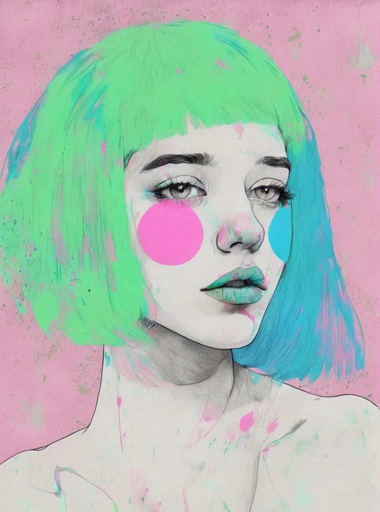 一幅粉紅色和藍色頭髮、粉紅色和綠色背景、帶有粉紅色斑點的女性圖畫, 康拉德·羅塞特, 數位肖像, 超精細的繪畫, 流行艺术, 流行超現實主義 , 