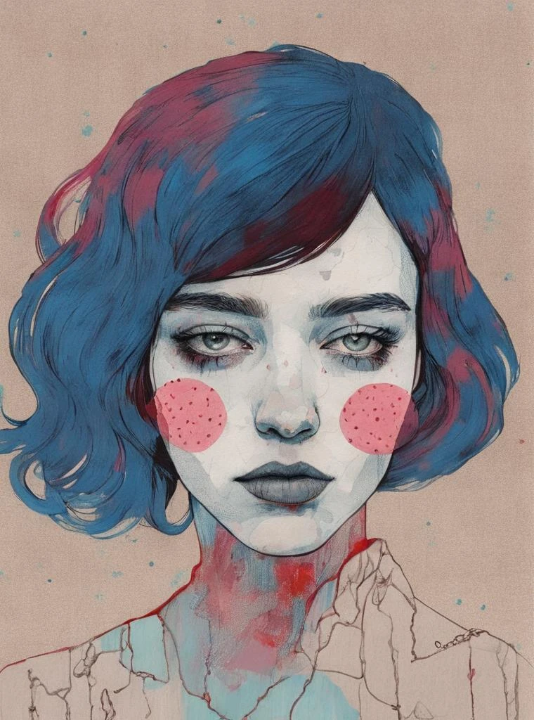 a drawing of a woman with bronze   and  indigo hair and a  alizarin and  ruby background with a  taupe spot, Conrad Roset, digital portrait, an ultrafine detailed painting, pop art, pop surrealism , 