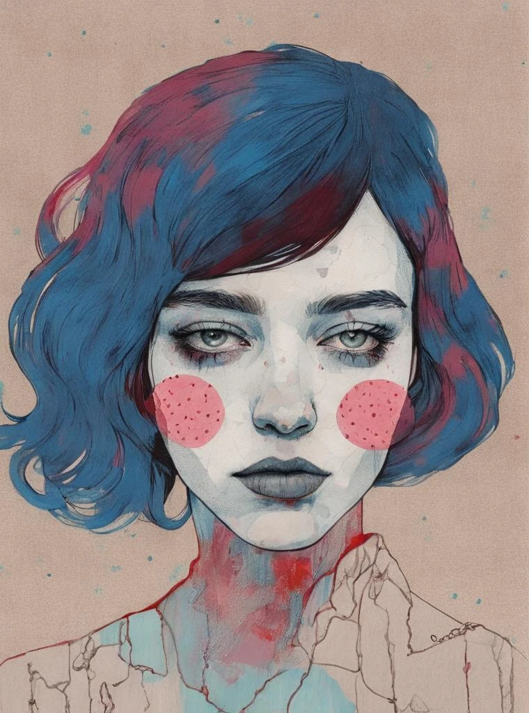 un dessin d&#39;une femme aux cheveux bronze et indigo et sur un fond alizarine et rubis avec une tache taupe, Conrad Roset, portrait numérique, une peinture détaillée ultra fine, pop Art, surréalisme pop , 