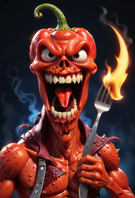 Disney pixar animation of the hottest red pepper in the world with a face mode of ral-drp, California Reaper, on fire, ready to ...