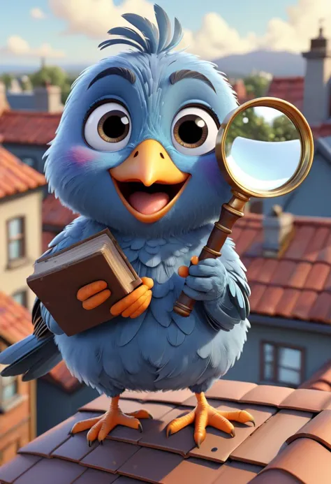 pixar style of bird, as a cartoon character,  tinny cute, holding a magnifying glass, looking at magnifying glass, on the roof, ...