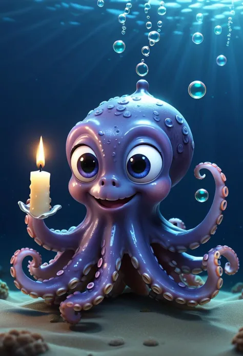 pixar style of a octopus, tinny cute, ((( luminous))), in the ocean, holding a candle , bubbles, smile, high detailed, photoreal...