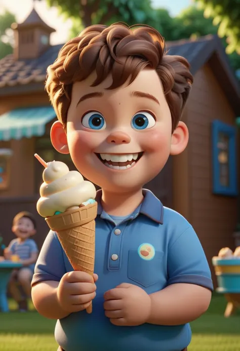 pixar character ,pixar style,fat 5 years old boy ,cute smile, holding 1 icecream,very detailed face,at the backyard background, ...