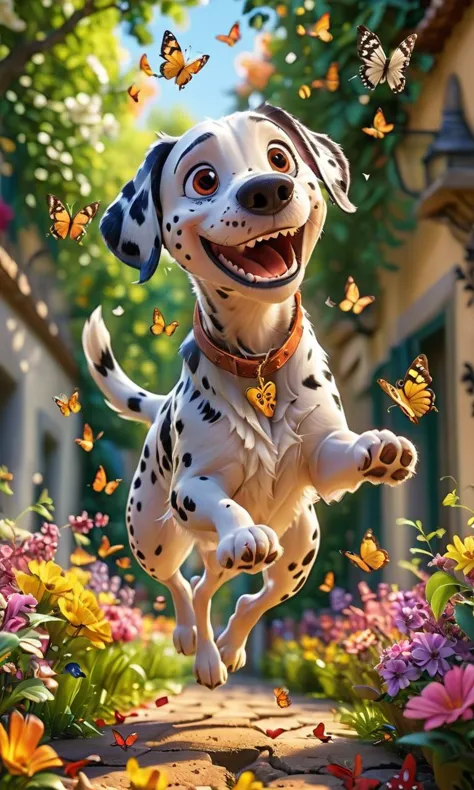 A cheerful Dalmatian jumps into the air after a large butterfly, sunny day, trees, flowers, birds