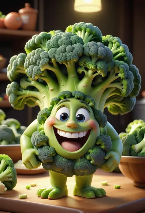 pixar style, a broccoli,  as a pixar character, cute, big smile, laughing (best quality), (masterpiece), (best lighting), (high ...