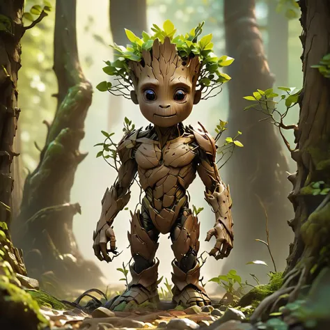 Portrait, male, colossus (baby Groot:1.8), big cute eyes, woody texture with green sprouts, in a playful pose, (soft focus), cap...