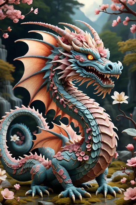 a close up of a dragon statue with a flowered body