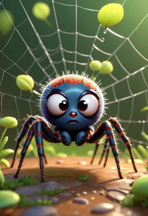 pixar style of a  spider, as a cartoon character,  tinny cute, spider web,   spring ,  high detailed, photorealistic, 8k , smoot...