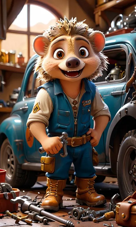 cute hedgehog, dressed as a car mechanic, repairing a car, holding a wrench, boots on his feet, dirty clothes, dirty face, garag...