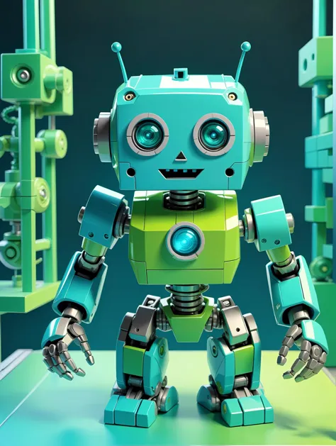 simple background,geometry background,cute robot,(looking at viewer),[surprised:happy:0.4],impossible pose,tones of green and bl...