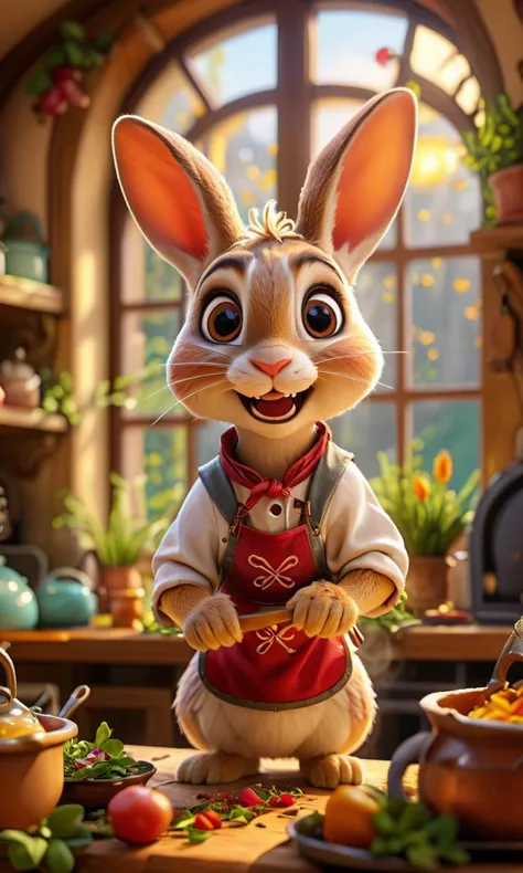 cute rabbit in cook's clothes, cooking, kitchen, kitchen equipment, large windows, sun