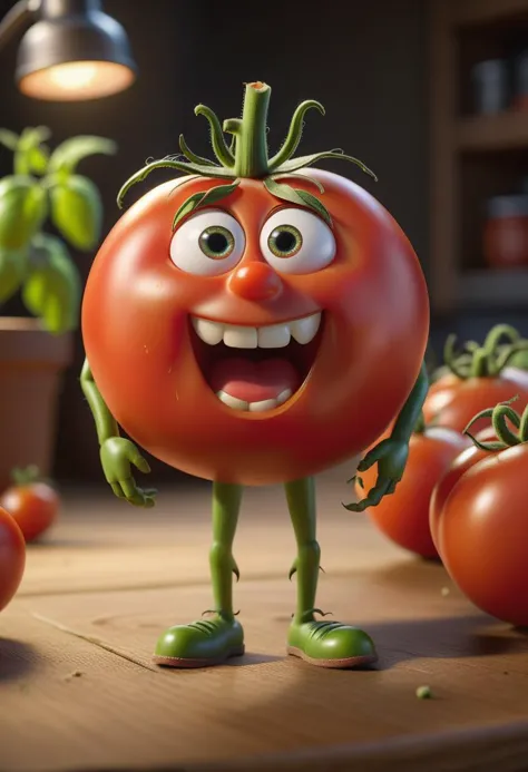 pixar style, a tomato,  as a pixar character, awkward face, (best quality), (masterpiece), (best lighting), (high detailed skin:...
