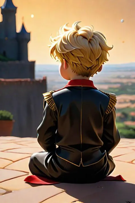 The Little Prince, sitting, shoulder rose, masterpieces, panoramic view, black, painting, behind view