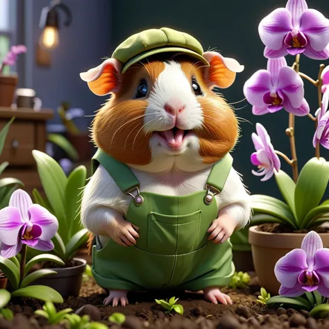 pixar style of a guinea pig, tinny cute, dressed as a gardener, orchids, smile, high detailed, photorealistic, 8k