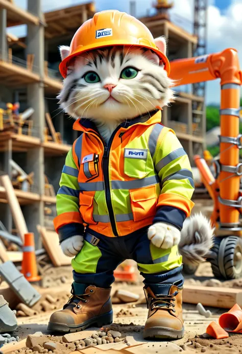 pixar animation style, picture of Mr. Fluff, a kitten working as foreman at a construction site, wearing high visibility jacket ...