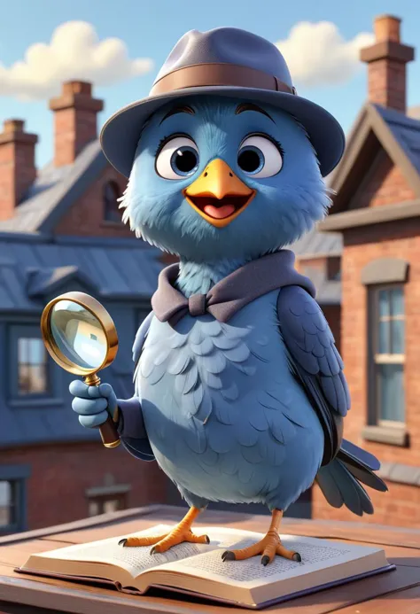 pixar style of bird, as a cartoon character,  tinny cute, holding a magnifying glass, looking at magnifying glass, detective, bo...