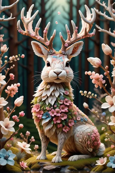 cute jackalope with whimsical nature made of DonMS4kur4XL, intricate details, whimsical, magical, best quality, masterpiece<lora...