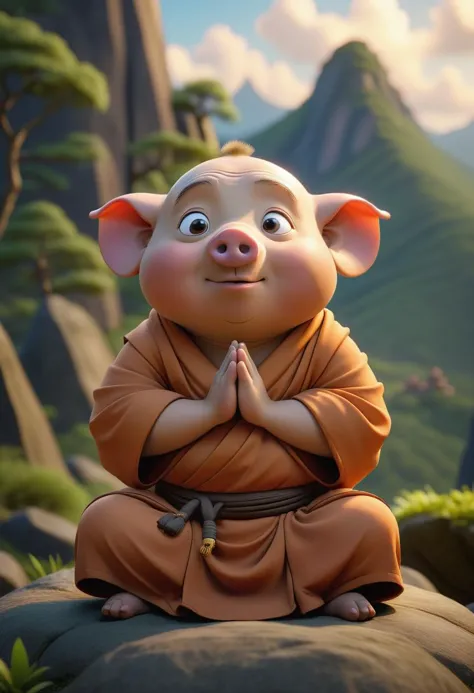 personagem da Pixar ,estilo pixar,um porco monge,bonitinho,meditando, no topo da montanha,meditar(melhor qualidade), (obra de arte), (melhor iluminação), (pele altamente detalhada:1.0),( olhos detalhados), 8k hd, DSLR, iluminação suave, melhor qualidade, grão de filme, Fujifilm XT3,