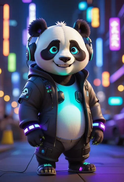 a panda bear in a black jacket and headphones standing on a city street