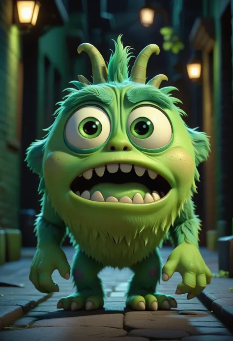 pixar character ,pixar style,cute green moster ,scared, scared ang lost,very detailed face,at the dark alley (best quality), (ma...