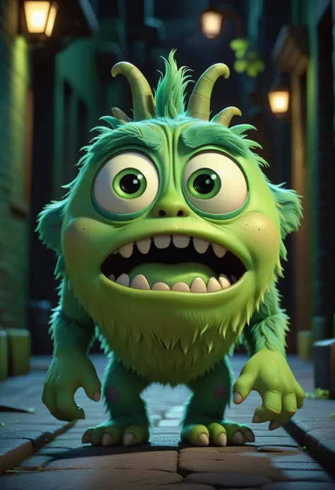 personagem da Pixar ,estilo pixar,monstro verde fofo ,Assustado, Assustado ang lost,rosto muito detalhado,no beco escuro (melhor qualidade), (obra de arte), (melhor iluminação), (pele altamente detalhada:1.0),( olhos detalhados), 8k hd, DSLR, iluminação suave, melhor qualidade, grão de filme, Fujifilm XT3,