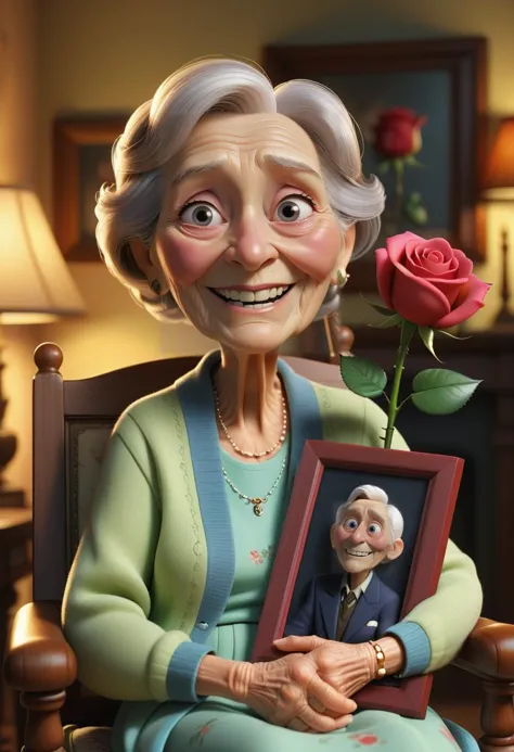 pixar character ,pixar style,a grandmother ,cute smile holding a rose,hugging dead husbands picture frame, seating at the chair,...