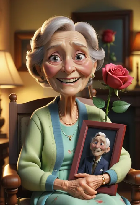 personaje de pixar ,estilo pixar,Una abuela ,sonrisa linda sosteniendo una rosa,abrazando el marco de la foto de su difunto esposo, sentada en la silla,Amado, Emocional,Ojos llorosos,cara muy detallada,fondo de la sala de estar,  (un marco de la foto del esposo fallecido en la pared ) (mejor calidad), (obra maestra), (mejor iluminacion), (piel muy detallada:1.0),( ojos detallados), 8k hd, DSLR, iluminación suave, mejor calidad, grano de la película, Fujifilm XT3,