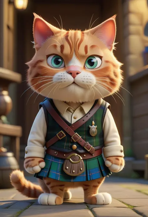 pixar character ,pixar style, Cat wearing Kilt ,
 detailed face
(best quality), (masterpiece), (best lighting), (high detailed s...