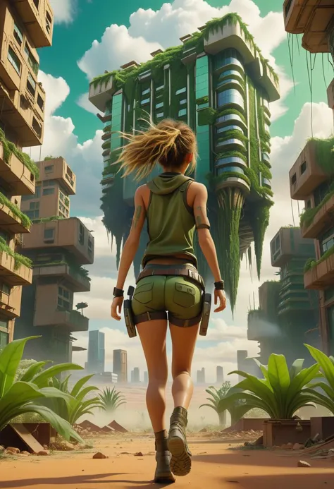 Vista trasera de una niña, Corriendo hacia el medio de 2 mundos, Edificios futuristas con plantas verdes al revés y cayendo desde las nubes., despues del Apocalipsis,  desierto, fin del mundo,  tiro completo, distancia lejana,  (mejor calidad), (obra maestra), (mejor iluminacion), (piel muy detallada:1.0),( ojos detallados), 8k hd, DSLR, iluminación suave, mejor calidad, grano de la película, Fujifilm XT3, lente gran angular