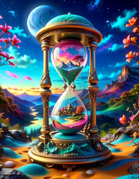 extreme closeup, ancient detailed ornate hourglass filled with landscape scenery powder, 8k, vibrant colors, night sky backgroun...