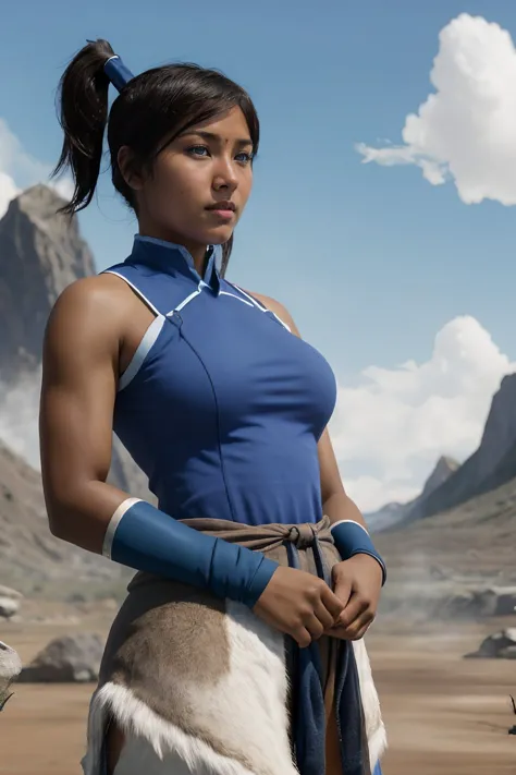 high quality photo of young korra, (dark-skinned female:1.2), ponytail, hair tubes, large breasts, blue eyes, (armband:1.2)
native, inuit,  