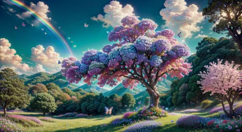 4k, ((masterpiece),(best quality),(ultra-detailed)), wallpaper, epic landscape, ((butterflies)), ((flowers)), colorful, rainbow, <lora:t3xtn:0.6>