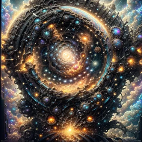 a painting of a spiral with many stars and planets