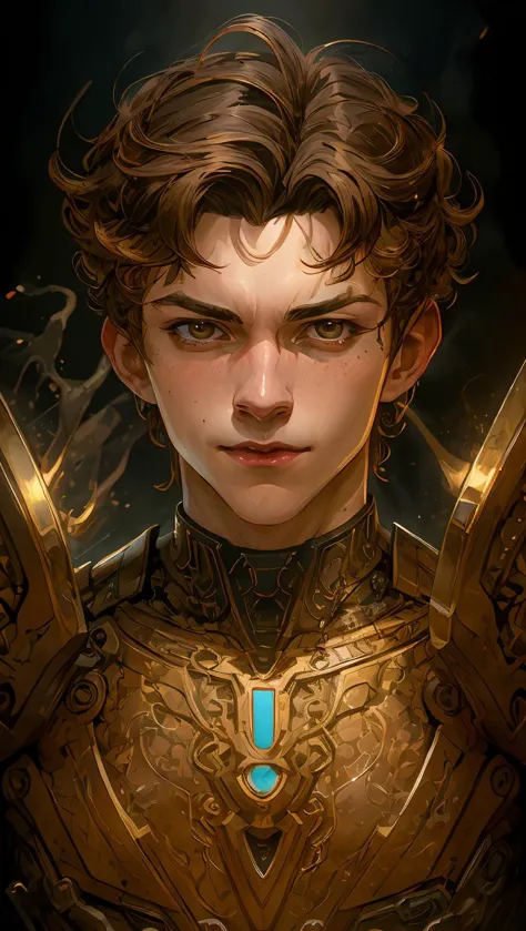 (8k portrait of handsome male cyborg with short hair:1.1), muscle boy, intricate, elegant, highly detailed, majestic, digital photography, art by artgerm and ruan jia and greg rutkowski surreal painting (gold filigree),  (masterpiece), sidelighting, (finely detailed beautiful brown_eyes:0.8), hdr, (colorful and vibrant:1.2), mystical colors,
  <lora:add_detail:0.4> <lora:detailed_eye:0.6>  <lora:tom-holland-spiderman:0.8>   <lora:JamesDoane:0.8>   <lora:OC illustration:0.4>  <lora:t3xtn:0.3>abstract background,