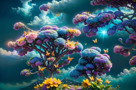 4k, ((masterpiece),(best quality),(ultra-detailed)), wallpaper, epic landscape, ((butterflies)), ((flowers)), colorful, rainbow,...