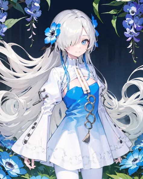 1girl,standing,white_hair,bluejoucho,hair over one eye, cowboy shot,light smile, nemophila \(flower\), anemone \(flower\), wisteria, garden, hand on own chest,