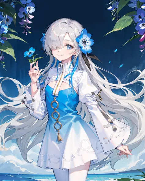 1girl,standing,white_hair,bluejoucho,hair over one eye, cowboy shot,light smile, nemophila \(flower\), anemone \(flower\), wisteria, garden,