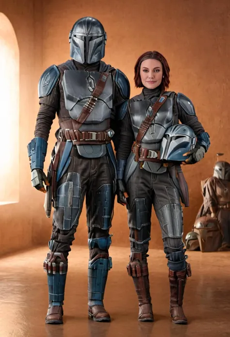 medium shot, 1boy, 1girl, bo-katan kryse mandalorian and mandalorian pedro pascal, posing for a photo, (sharp focus, highly deta...