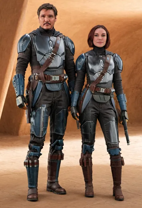 medium shot, 1boy, 1girl, bo-katan kryse mandalorian and mandalorian pedro pascal, posing for a photo, (sharp focus, highly deta...